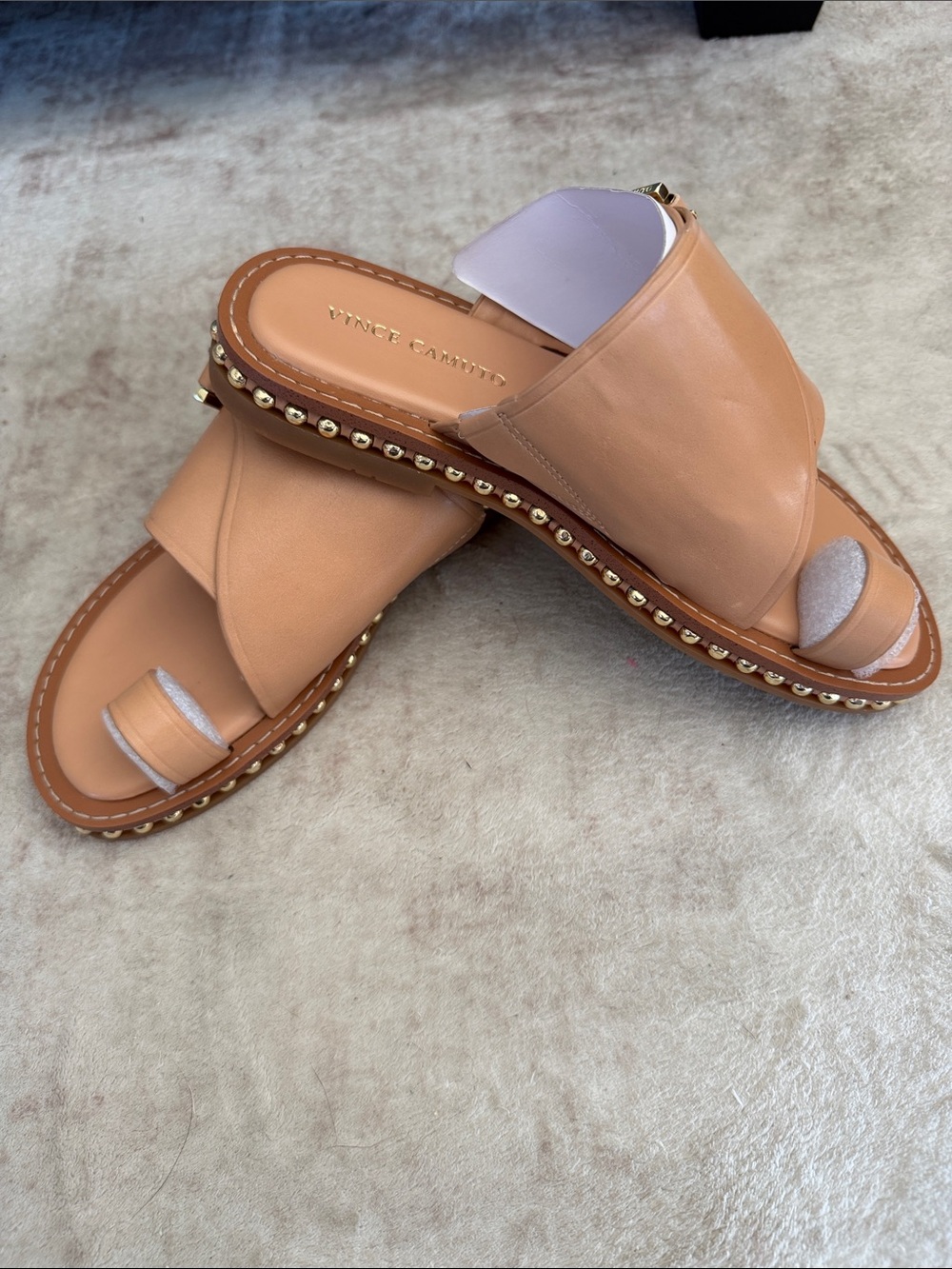 Vince Camuto Cooliann Sandstone Leather Slide Sandals with Gold Stud Trim